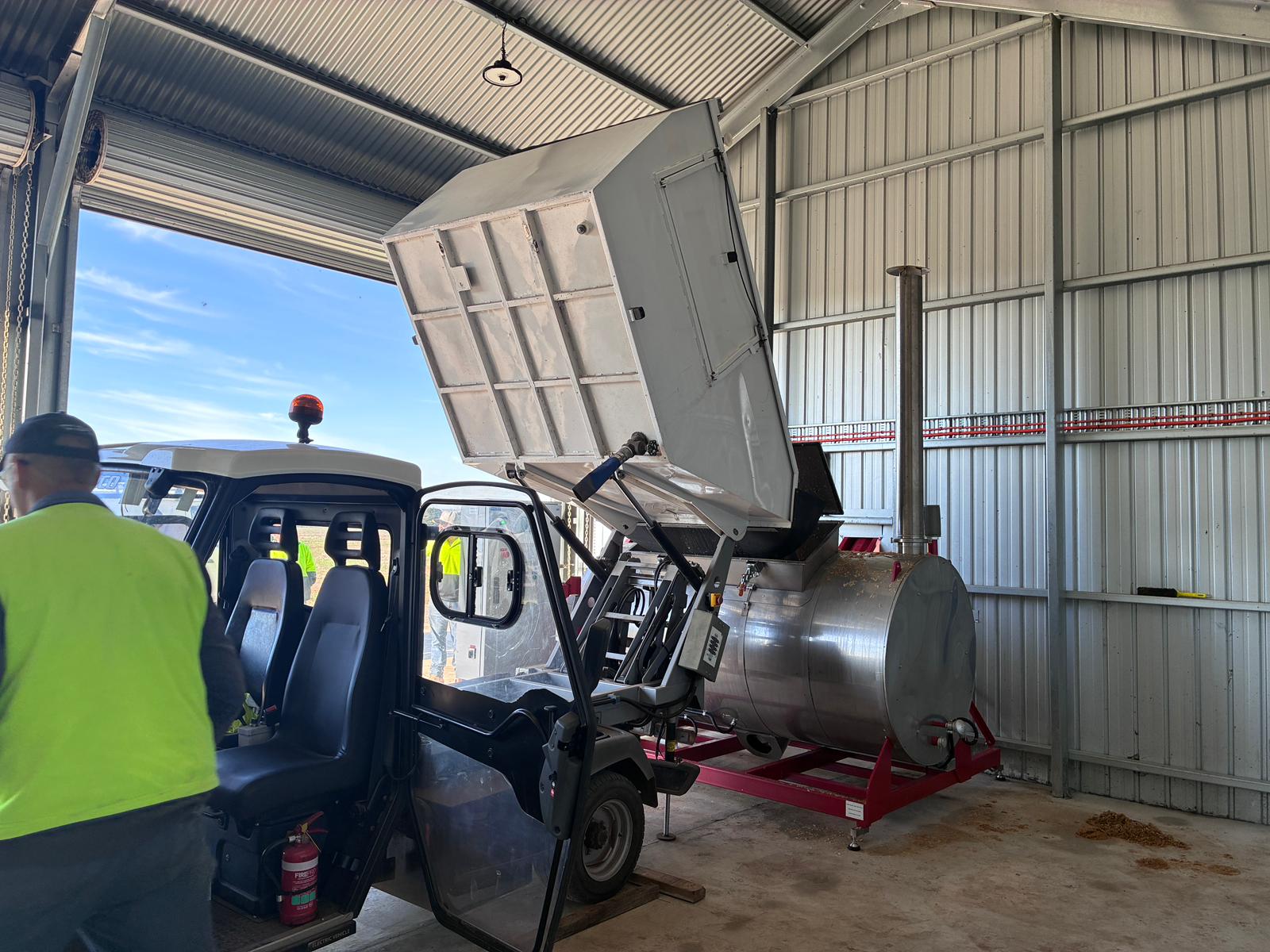 Poultry mortality being loaded into a MAOF 1500L dehydrator